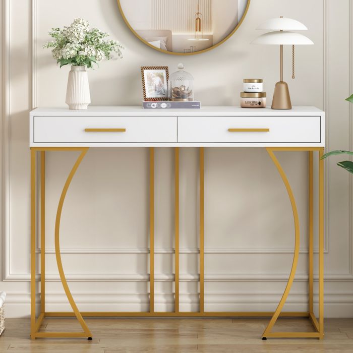 Console Meuble Entrée Avec 2 Tiroir Table De Couloir Table Dappoint Style Luxe Léger Canapé - Table 110x32x85 cm Blanc + Or
