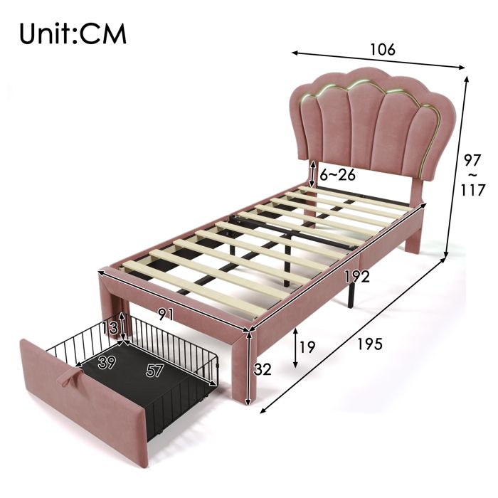Structure de lit Nouveau Premium sense lit denfant LED lit simple 90 x 190 cm avec tiroir lit rembourré app contrôle LED cadre de