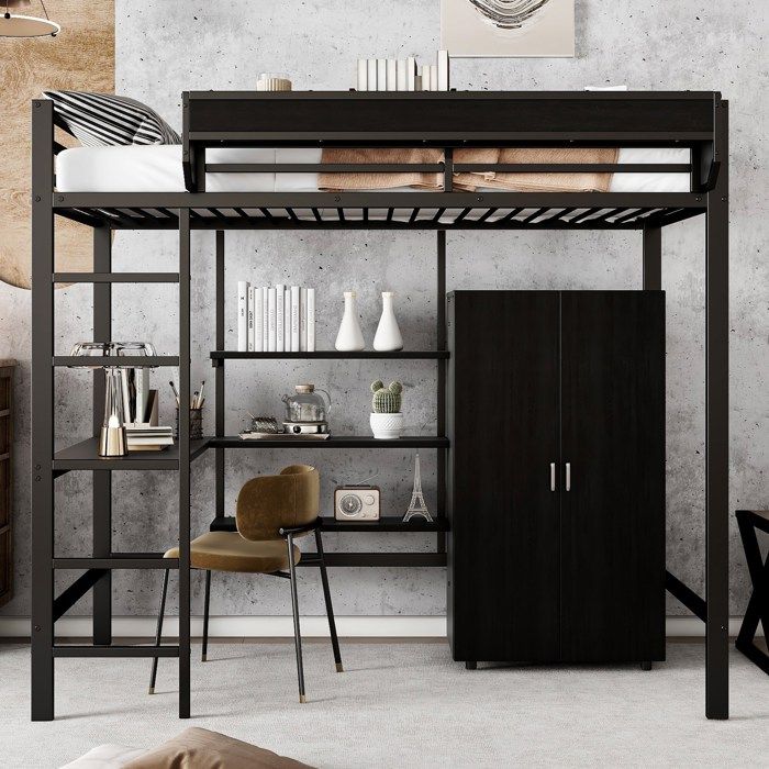 Lit mezzanine enfant 90x200 cm Lit loft Lit simple en fer avec bureau étagères rangement armoire et sommiers à lattes - Noir