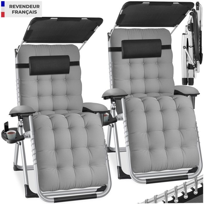 Chaises longues - TECTAKE - Lot de 2 transats CLOUD II pliables avec pare-soleil dossier et repose-pieds réglables - Gris Clair