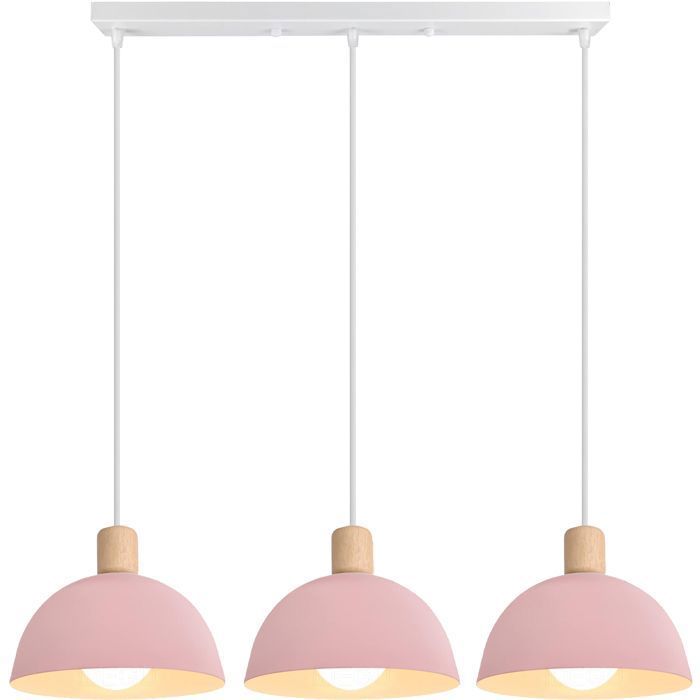 iDEGU Suspension Luminaire Moderne 20cm Lustre Rétro Style Scandinave E27 Éclairage de Plafond Abat-jour en Bois Métal(Barre Rose)