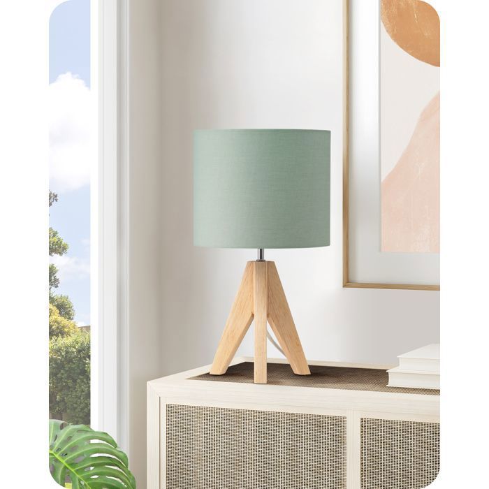 EDISHINE Lampe de Chevet Bois à Trépied avec Abat-jour en Lin E27 Ampoule LED Incluse 2700K Blanc Chaud Lampe de Table Moderne