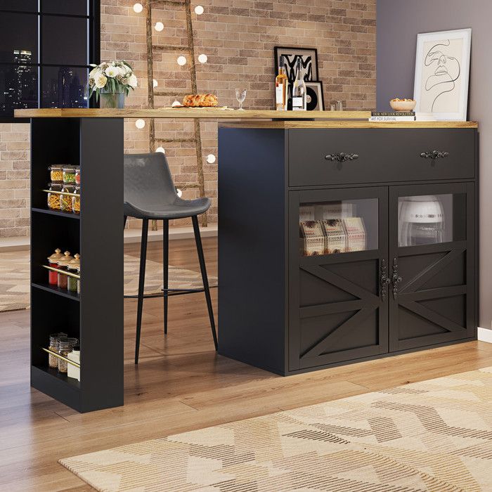 PUGSDRLY Table de Bar Extensible avec Espace de Rangement,Table Bar Cuisine Pivotant à 360°,1 Porte en Verre et 2 Tiroirs,Compartiment Ouvert,Comptoir de Cuisine (B, Noir