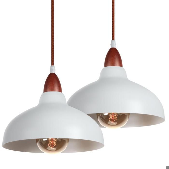 Suspension luminaire - Medieval - Lot de 2 - Métal blanc & bois - 2x E27 60W Ø24cm