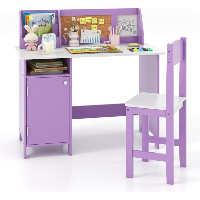 GOPLUS Bureau Enfant avec Chaise-90x45x86CM-1 Armoire à Porte+Bibliothèque Dessus+Tableau dAffichage-Violet