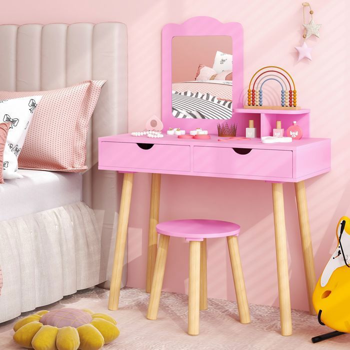 COSTWAY Coiffeuse avec Tabouret Enfants 3-7 Ans Miroir Rectangulaire Amovible 1 Peigne 2 Grands Tiroirs en Bois Rose Fonce