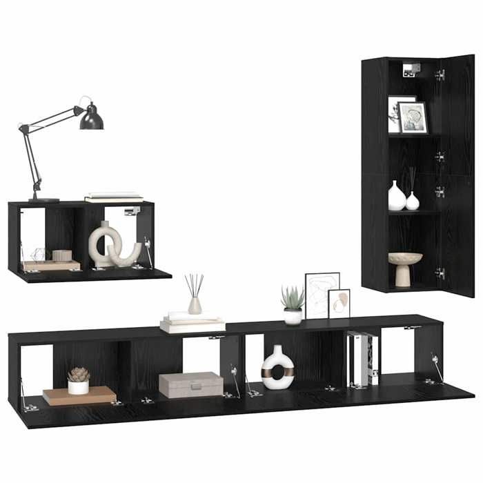 Ensemble meuble TV mural - vidaXL - Chêne noir - Bois dingénierie - 200x30x30 cm - Avec tiroir - 4 portes - 3 étagères