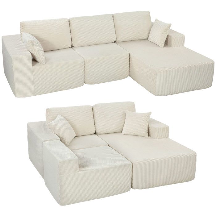 Canapé dangle - HOMCOM - modulable - 2 en 1 - 3 places - larges assise et accoudoirs 2 coussins - velours côtelé - 267cm - crème