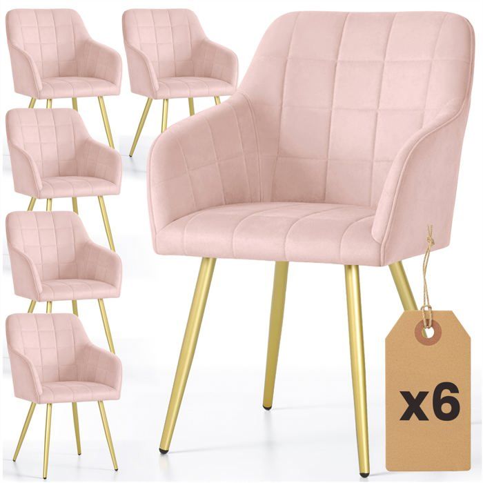 Lot de 6 Chaises rembourrées à surpiqûres carrées LUXANO Rose Poudré pieds dorés