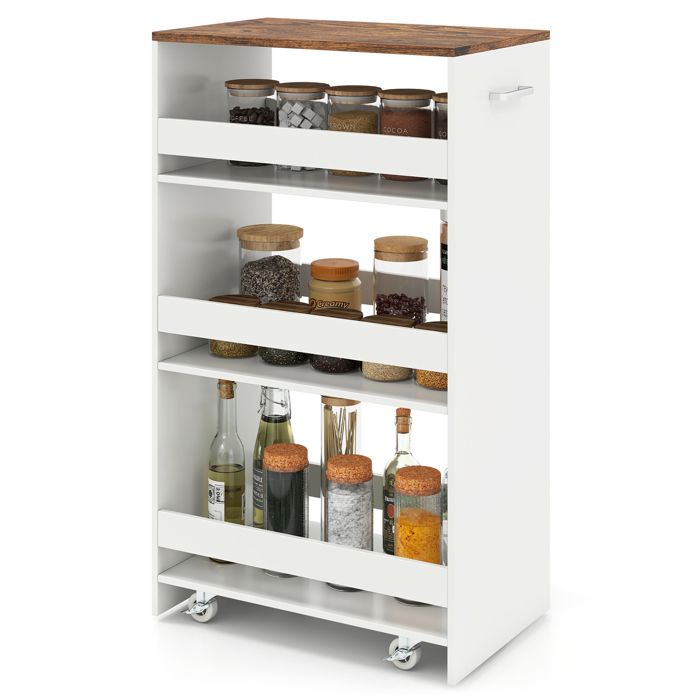 GIANTEX Desserte de Cuisine Étroit à Roulettes avec Freins-Chariot de Service à 4 Niveaux avec Poignée-475x30x805cm-Blanc + Marron