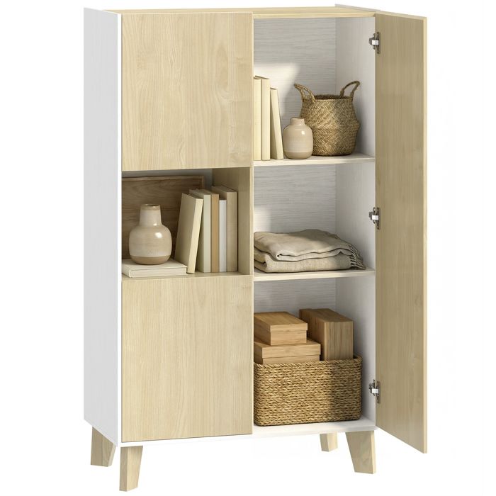 Buffet salon - HOMCOM - 6 compartiments et portes à fermeture amortie - panneau de particules - 80x40x135cm - blanc et bois naturel