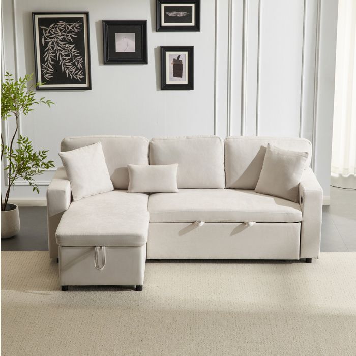 Canapé d’angle convertible beige en flanelle méridienne réversible rangement et USB