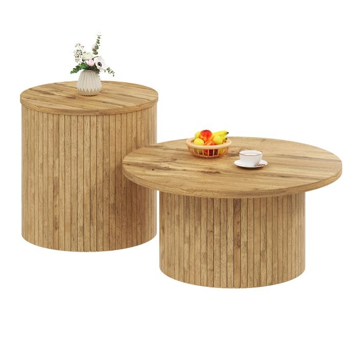 Table basse ronde double - Naturel - MDF - 75x75x36 cm - 50x50x505 cm - Design nordique - Coins arrondis