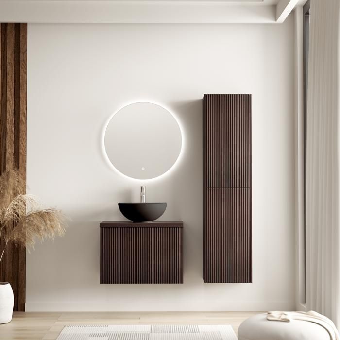 LOMAZOO Ensemble Meuble de Salle de Bain 60cm Noyer Cannelé - Vasque à Poser Noire - Colonne de Rangement [TROPANI]