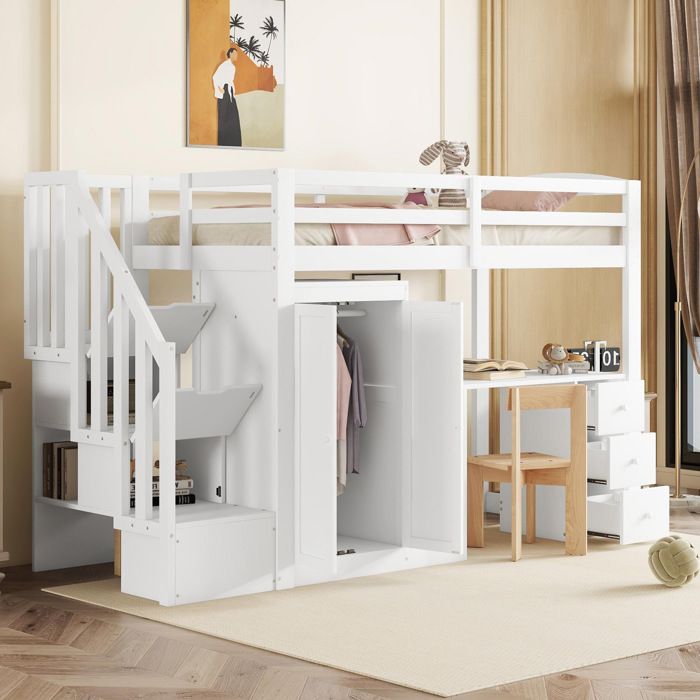 Lit mezzanine blanc 90×200 cm sommier inclus rangement intégré bureau sans matelas