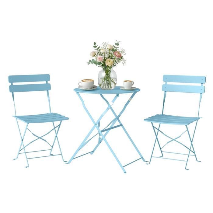 Ensemble Bistrot de Jardin 3 Pièces san Montage Table et 2 Chaises Pliantes à Lattes en Métal avec Double Protection Bleu Clair