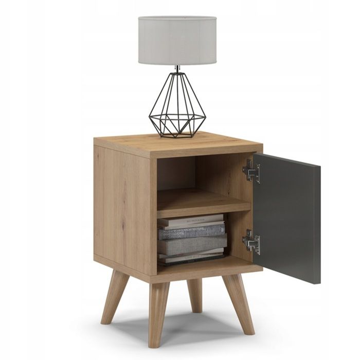 Table de chevet scandinave Oslo 30x30x45 cm porte réversible gauche/droite chêne et graphite meuble compact