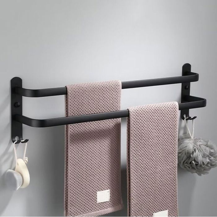 Porte-serviettes mural universel en aluminium moderne et simple avec 2 crochets 2 niveaux 60 cm