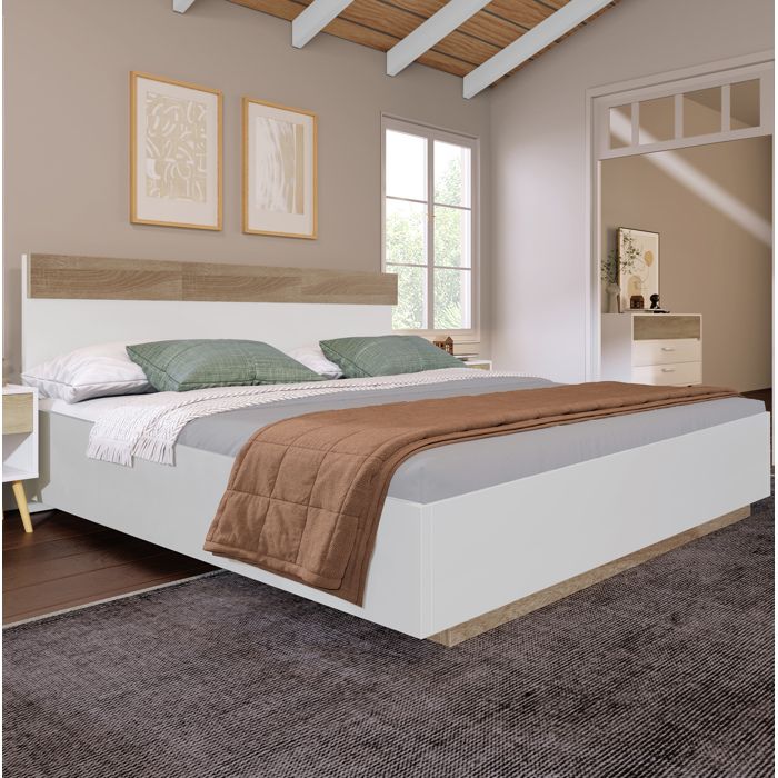 Lit adulte 160x200 cm effet flottant avec tête de lit bicolore sommier à lattes intégré bois blanc et chêne