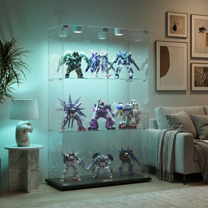 Vitrine en verre avec LED tactile vitrine collection avec 3 etageres armoire vitrine avec serrure meuble salon trempé noir