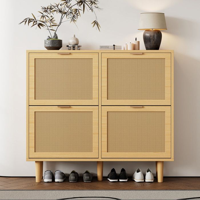 Armoire à chaussures avec 4 tiroirs pliants commode à chaussures en rotin - poignées en métal étagère à chaussures pour Couloir bois