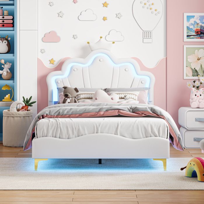 Lit enfant 140x190 cm blanc PU lit princesse avec tête de lit couronne LED cadre nuage et sommier à lattes sans matelas