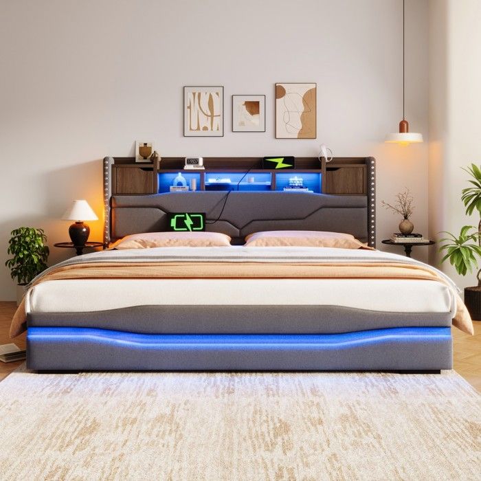 Lit Double rembourré gris 180x200 cm coffre hydraulique rangement tête de lit USB-C éclairage LED ambiance sans matelas Lit Double rembourré gris 180x200 cm coffre hydraulique rangement tête de lit USB-C éclairage LED ambiance sans matelas