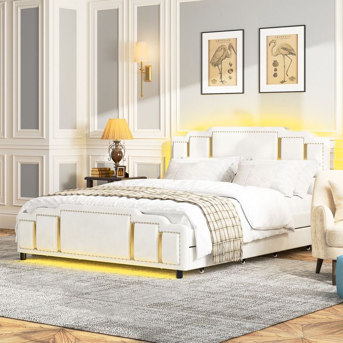 Lit rembourré - SOGEU - 140 x 200 - Velours beige - Tiroirs de rangement - Liseré décoratif doré