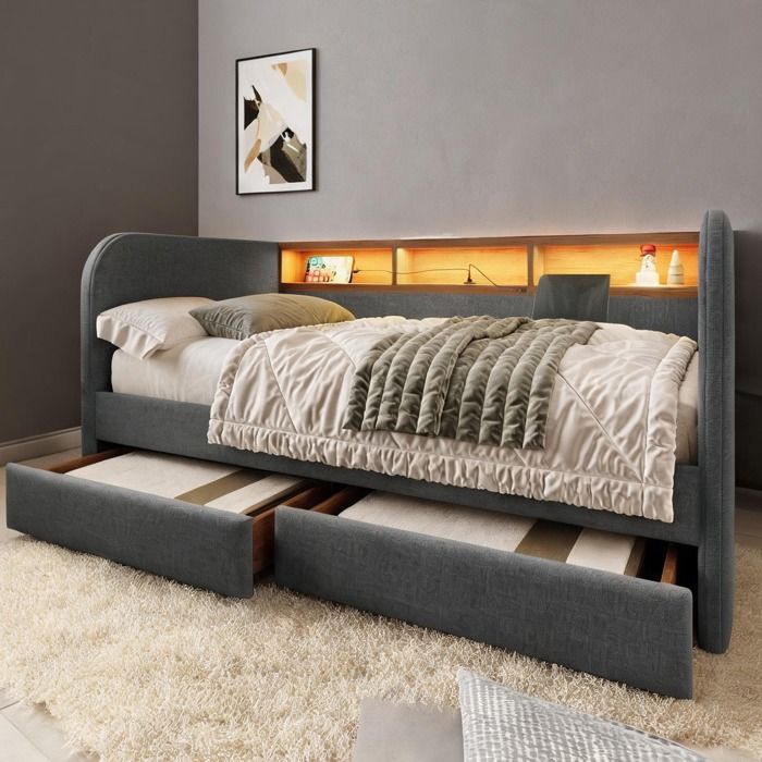 Lit gigogne en lin gris neutre 140x190 cm avec LED USB-C et 2 tiroirs de rangement