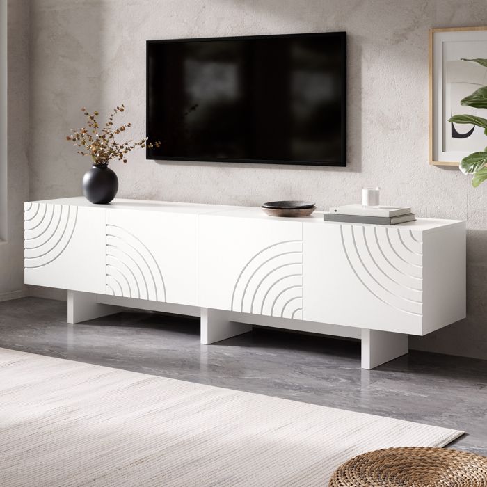 Meuble TV moderne quatre portes 170 cm motifs géométriques en forme darc meuble bas blanc pour salon avec espace de rangement