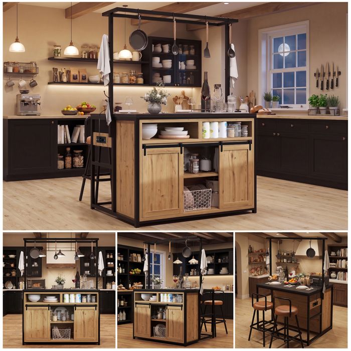 Îlot de cuisine avec tabourets - Ensemble complet avec armoire et tabourets - Prise électrique intégrée avec USB