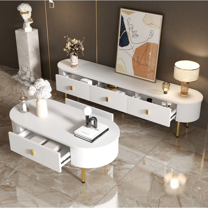 Ensemble Meuble TV et Table Basse - WOVREO - Contemporain - Rangement Spacieux - MDF - blanc et or
