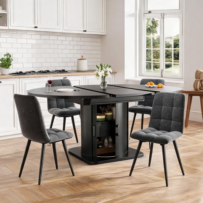 Ensemble table à rallonge et 4 chaises plateau MDF noir et chaises en lin gris extensible 118-158 cm salle à manger 4-6 places