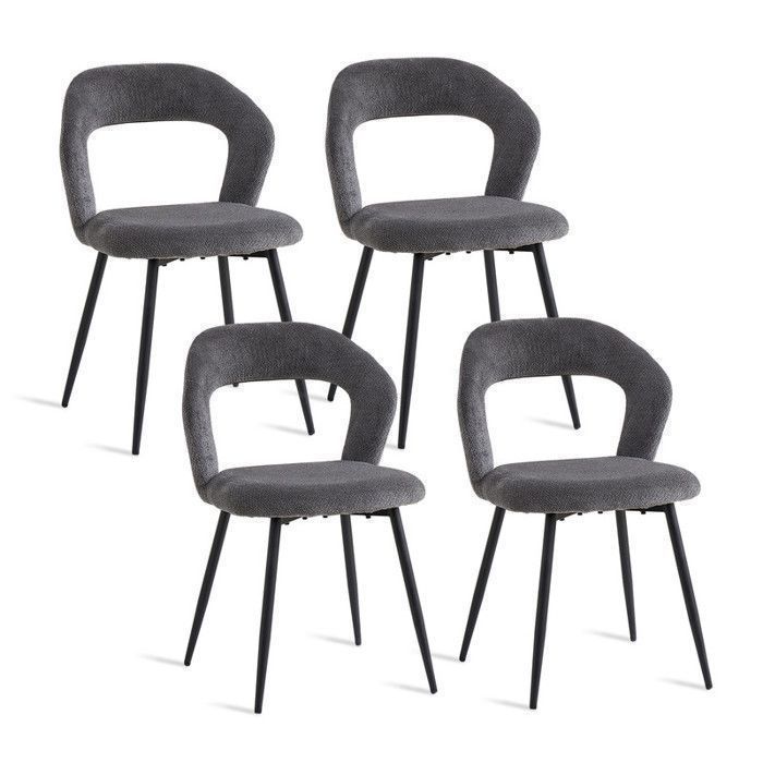 Lot de 4 chaises de salle à manger - Design vintage - Dossier ajouré - Conception ergonomique - Pieds en fer forgé noirs- Gris foncé