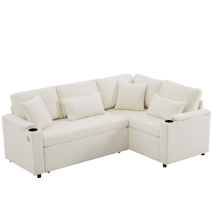 Canapé dangle convertible lit beige extensible en L avec rangement porte-gobelet et port USB accoudoirs confortables