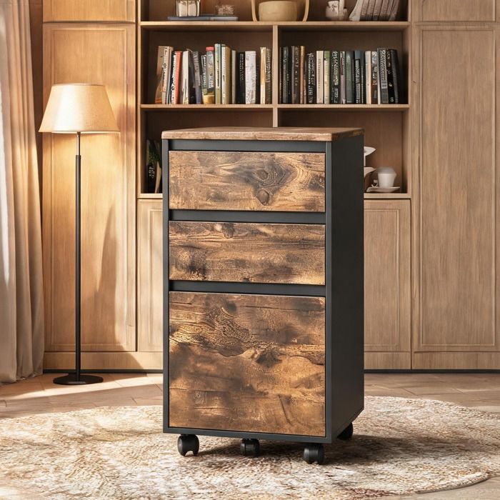 Armoire De Bureau - Meuble de rangement mobile 3 tiroirs en bois dingénierie deep black et chêne foncé – Organisation bureau et