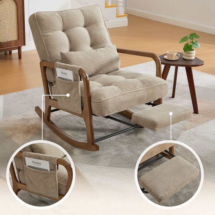 Fauteuil à bascule - Velours côtelé kaki - Repose-pieds extensible - Poche latérale amovible - Coussin lombaire