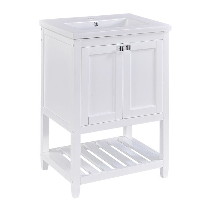 Meuble vasque - FURNITURER - 61x47x87 cm - Lavabo intégré - 2 portes & étagère ouverte - Blanc