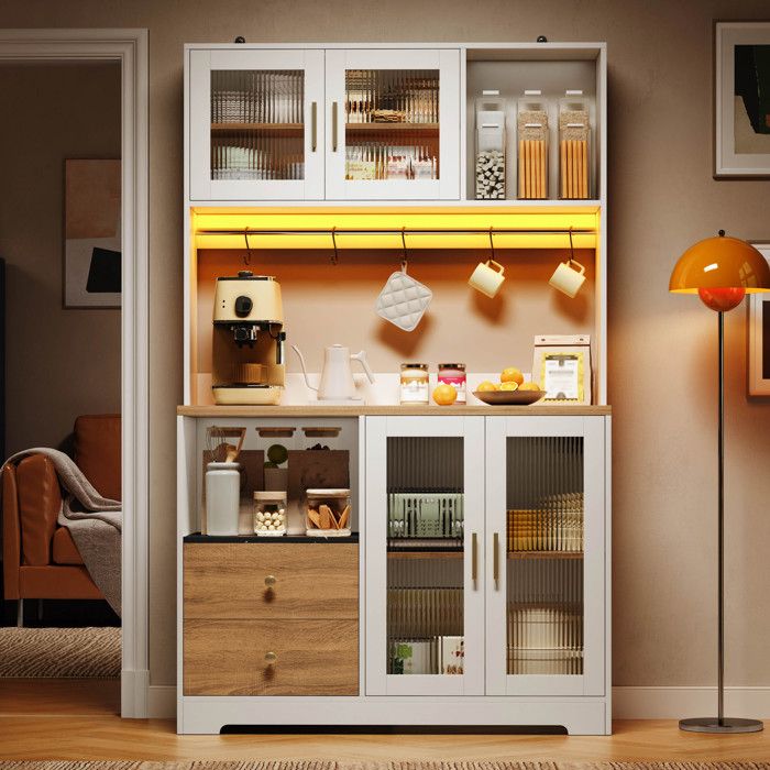 Buffet de cuisine 110x40x178 cm avec LED prises portes en verre trempé crochets et plan de travail blanc et bois