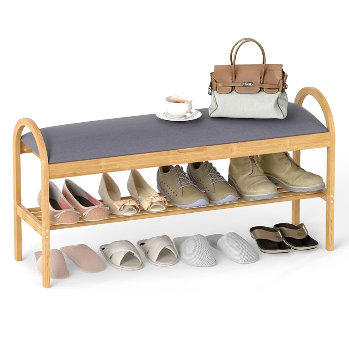 Banc à Chaussures COSTWAY en Bambou Espace Rangement Caché Meuble dEntrée 101 x 31 x 51 cm Gris