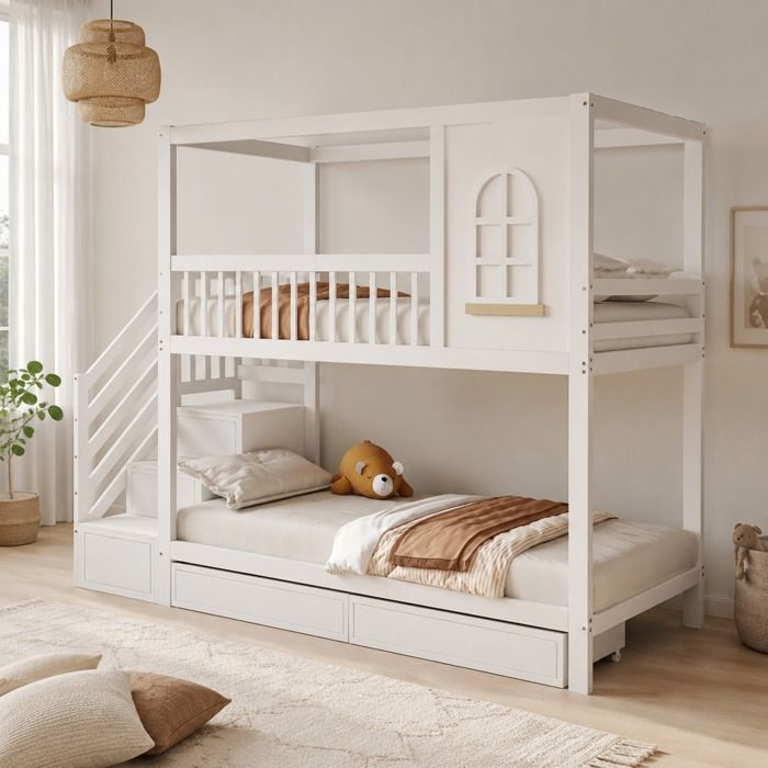 Lit superposé - ZEVKOR - 90x200 - Escalier de rangement - 2 tiroirs - Bois blanc