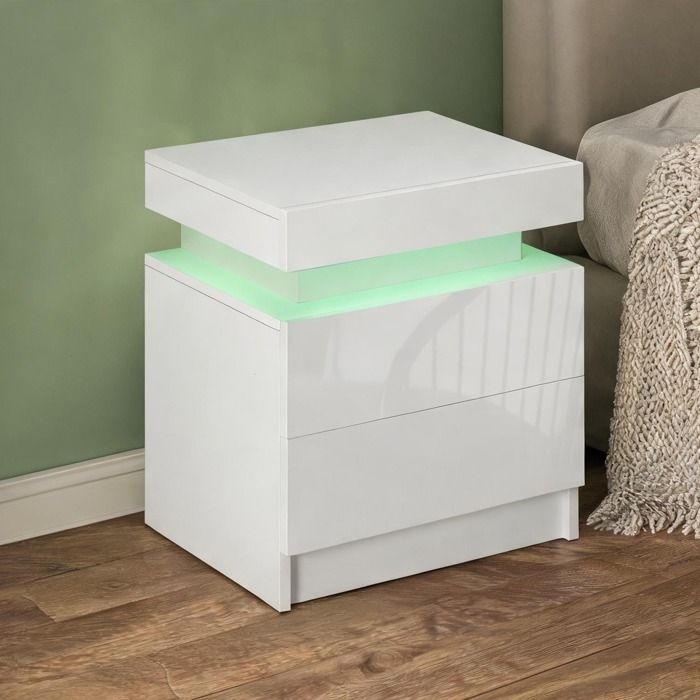 Meuble de chevet blanc brillant avec éclairage LED RVB et double tiroir 45x35x52 cm