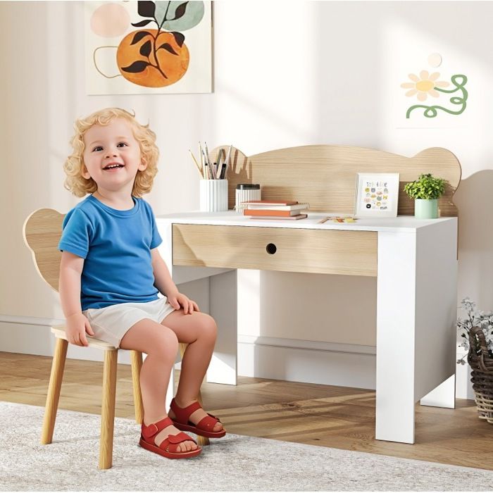 Bureau enfant avec chaise assortie grand tiroir et dossier en forme d’ours bois naturel blanc JOINERY