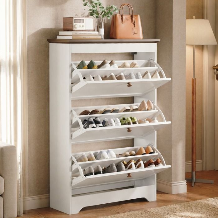 Meuble à chaussures - ZEVKOR - Meuble à Chaussures 3 Portes Abattantes - Blanc/Marron - Fermeture amortie - 87×26×120 cm