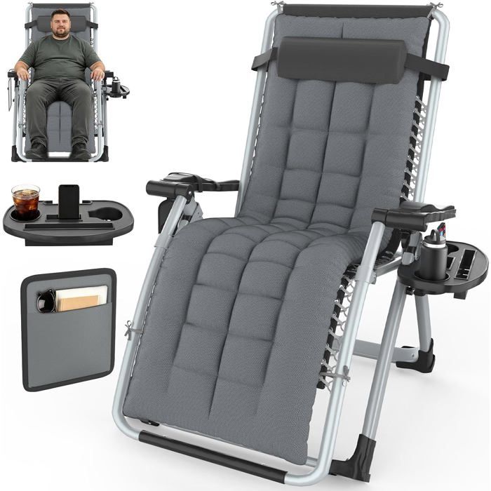 Chaise longue pliable en acier ergonomique avec coussin amovible en coton transat de jardin réglable Gris