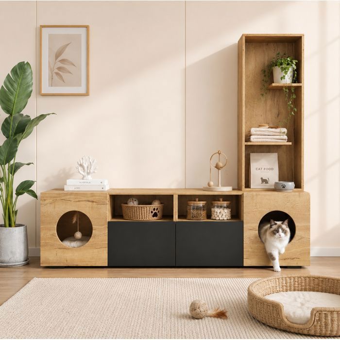 MEULVA Meuble TV 185 cm avec étagère haute rangements et espaces pour chats noir et aspect bois