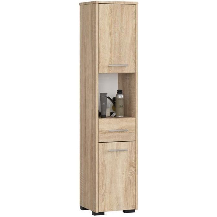 Colonne salle de bains AKORD FIN Chêne Sonoma 30 cm 2 portes 1 tiroir façade Chêne Sonoma 5 étagères 30x30x140 cm