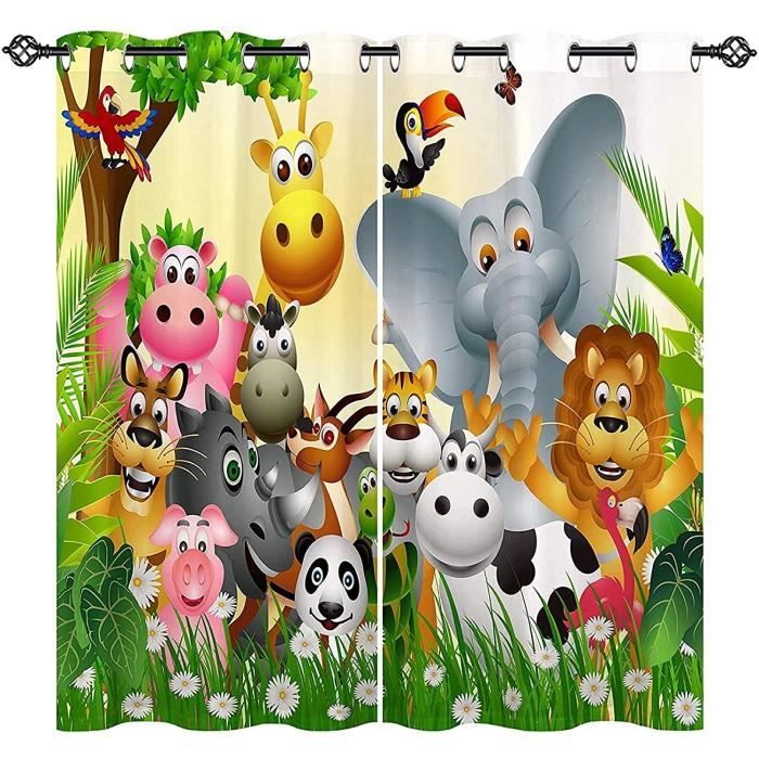 Rideaux Occultants Jungle Animaux - Lot De 2 Panneaux 140x240 Cm - 100% Polyester - Isolation Thermique Et Phonique - Oeillets 4 Cm