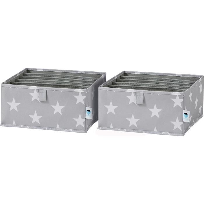 Organisateur Tiroir 16 Compartiments - Tissu Pliable Gris étoiles - Pour Rangement Vêtements Enfant - Lot De 2 - 30x30x15cm