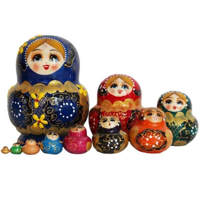 Poupée matriochka russe à 10 couches, tilleul, laquée, peinte à la main, jouet de poupée en bois, cadeau de Noël - 15*10cm - Bleu - Jeux - Jouets